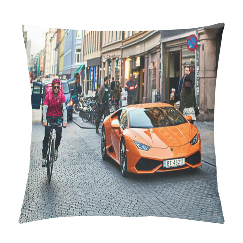 Personality  Orange Lamborghini Huracan LP 580-2 Spyder Car Released Circa 2016 In Italy Parked On The Street With A Bicycle Courier Passing By. Pillow Covers