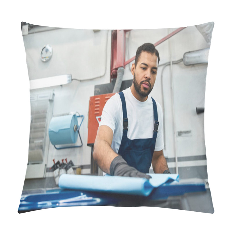 Personality  Young Mechanic Carefully Prepares A Vehicle Surface For Maintenance In A Bright Workshop Space. Pillow Covers