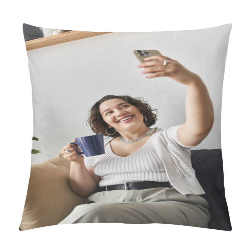 Personality  A Beautiful Young Woman Enjoys Her Coffee While Taking A Selfie In Her Chic Apartment. Pillow Covers