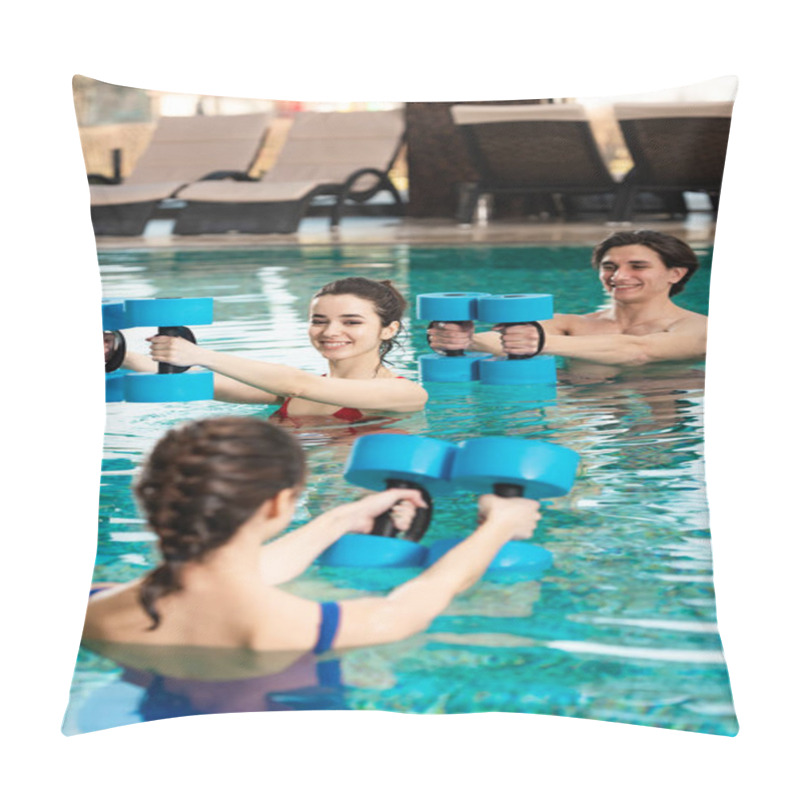 Personality  Selective Focus Of Smiling Man And Woman Looking At Trainer With Barbells In Swimming Pool Pillow Covers