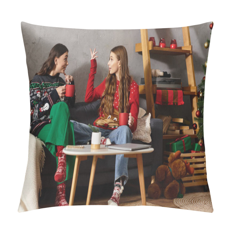 Personality  Two Friends In Cheerful Sweaters Relax Together, Sipping Warm Drinks And Celebrating The Festive Season. Pillow Covers