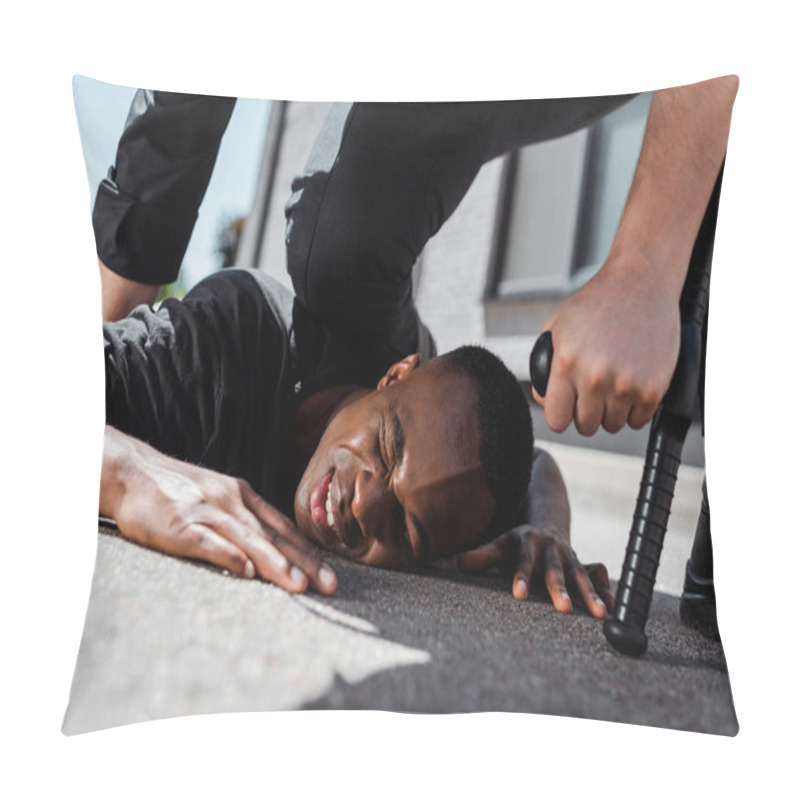 Personality  Selective Focus Of Detained And Injured African American Man Lying On Ground Near Policeman With Truncheon, Racism Concept  Pillow Covers