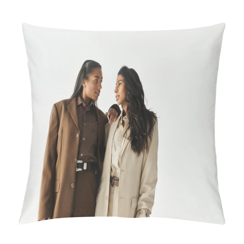 Personality  Two Stylish Young Women Chat Animatedly, Radiating Confidence And Fashion. Pillow Covers