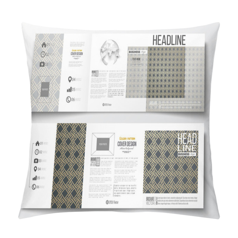 Personality  Set Of Tri-fold Brochures, Square Design Templates. Islamic Gold Pattern With Overlapping Geometric Shapes Forming Abstract Ornament. Vector Stylish Golden Texture On Black Background. Pillow Covers