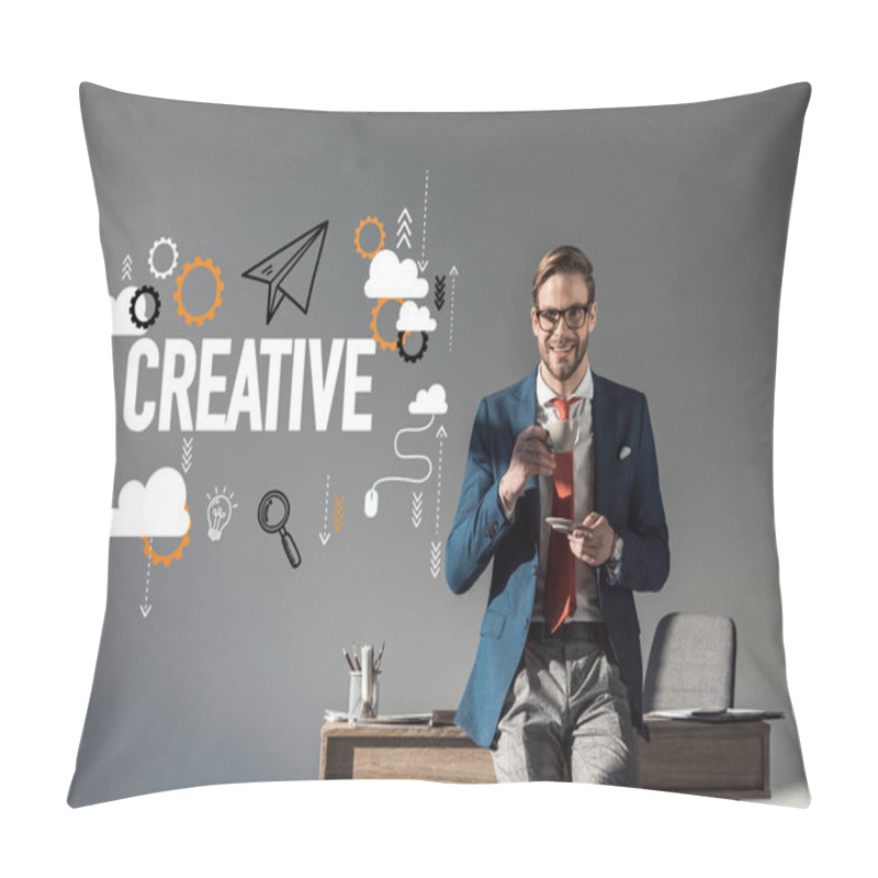 Personality  Smiling Businessman With Cup Of Coffee Sitting On Table And Looking At Camera, Creative Icons On Grey   Pillow Covers