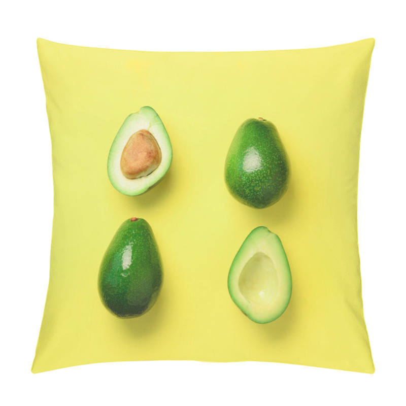 Personality  Organic Avocado With Seed, Avocado Halves And Whole Fruits On Yellow Background. Top View. Square Crop. Pop Art Design, Creative Summer Food Concept. Green Avocadoes Pattern In Minimal Flat Lay Style. Pillow Covers