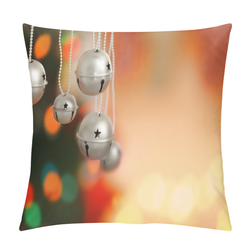 Personality  Jingle Bells On Blurred Christmas Lights Background, Closeup Pillow Covers