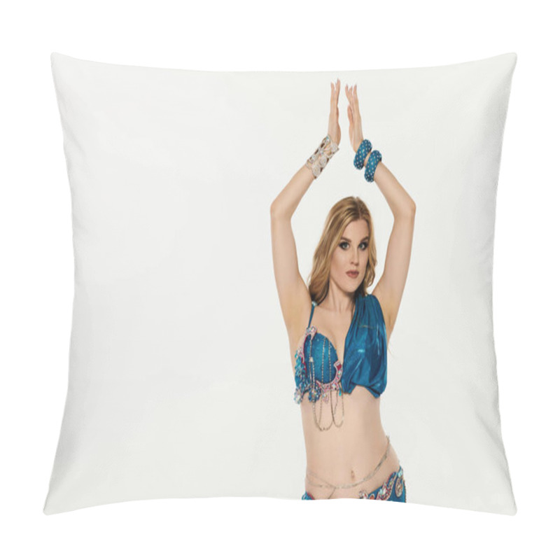 Personality  Graceful Young Woman In A Mesmerizing Blue Belly Dance Costume. Pillow Covers