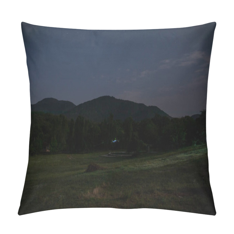 Personality  Beautiful Night Landscape With Starry Night Mountains And Forest. Night Forest With Green Meadow And Mountains In Bright Starry Night Or View Of Milky Way Pillow Covers