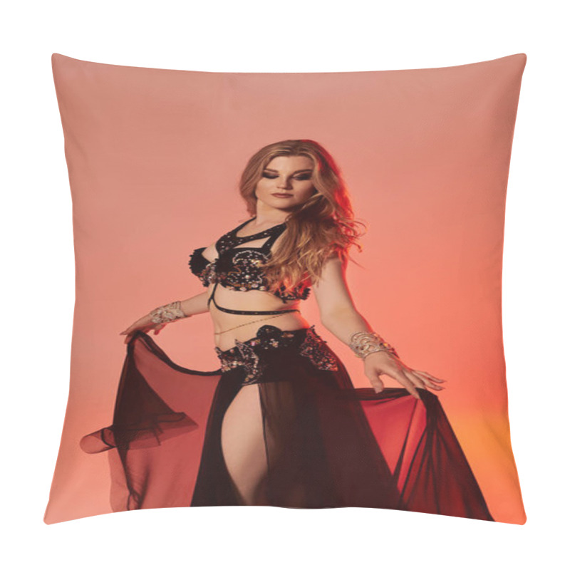 Personality  Young Woman In Captivating Black And Red Attire, Gracefully Dancing A Mesmerizing Belly Dance. Pillow Covers