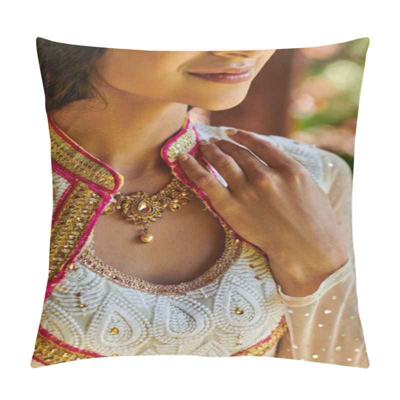 Personality  Cropped View Of Smiling Indian Woman In Traditional Attire And Jewelry Necklace Posing Outdoors Pillow Covers