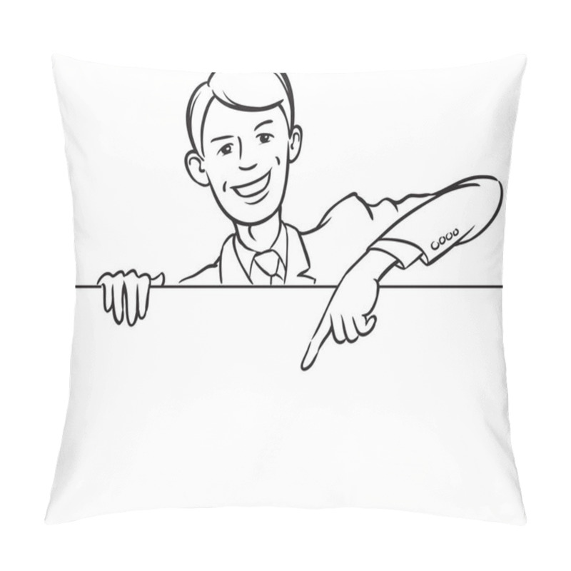 Personality  Whiteboard Drawing - Smiling Businessman Pointing At Blank Banner Pillow Covers