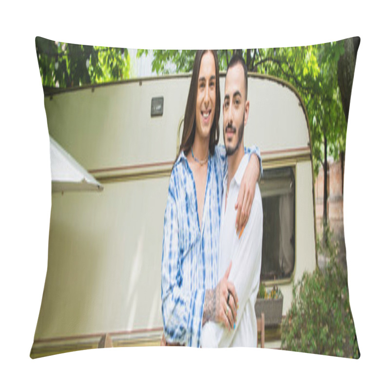 Personality  Happy Gay Couple Smiling While Hugging Near Travel Van In Forest, Banner Pillow Covers