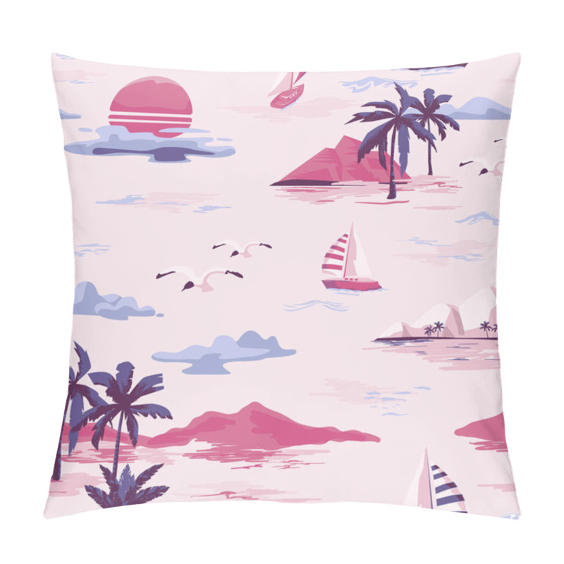 Personality  Vintage Beautiful Seamless Island Pattern On White Background. Landscape With Palm Trees, Yacht, Beach And Ocean Vector Hand Drawn Style Pillow Covers