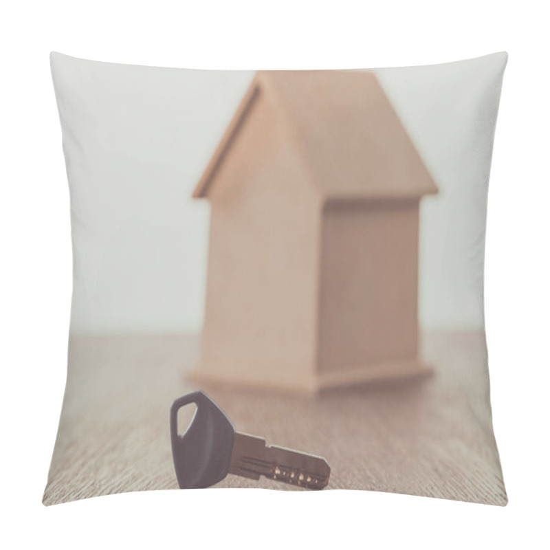 Personality  Key And Small House On Wooden Table, Saving Concept  Pillow Covers