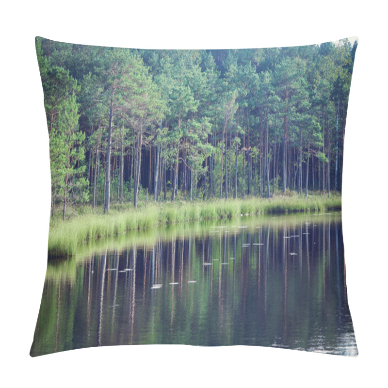 Personality  Forest Growing Along The Lake Bank With Clear Water With Reflections And Grass Pillow Covers