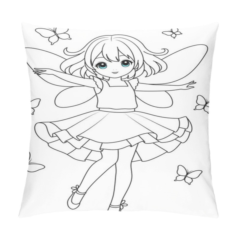 Personality  PrintCute Kawaii Fairy With Sparkling Wings Playing With Butterflies Isolated On White Background Outline Coloring Page For Kids Pillow Covers