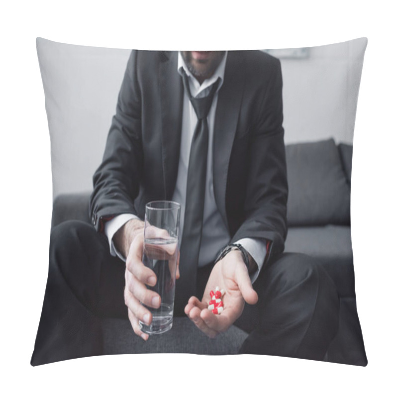 Personality  Cropped View Of Man In Black Suit Holding Glass Of Water And Handful Of Pills Pillow Covers