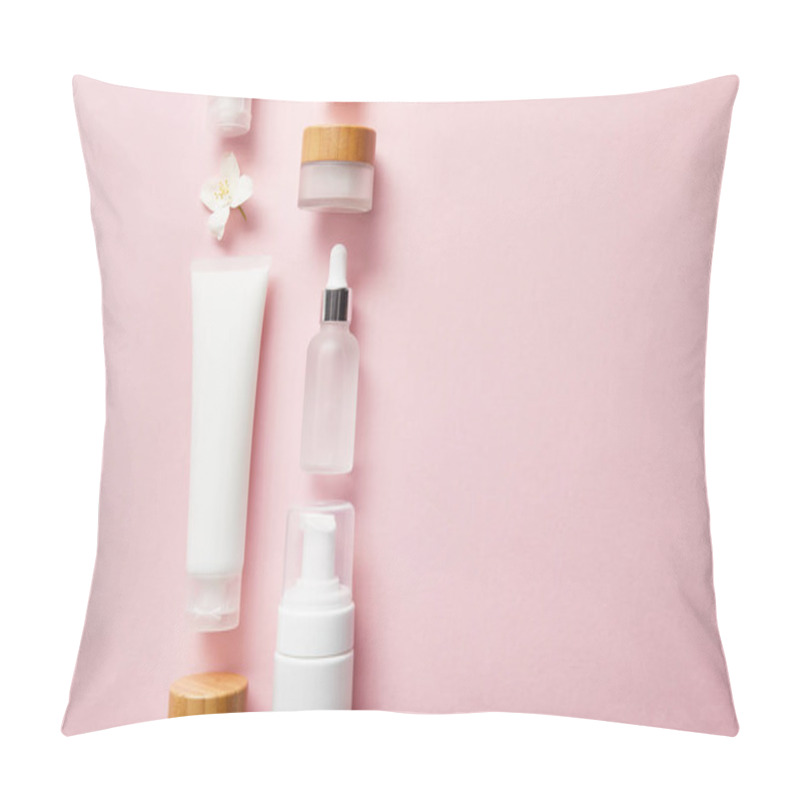 Personality  Flat Lay Of Different Cosmetic Containers And Jasmine Flower On Pink  Pillow Covers