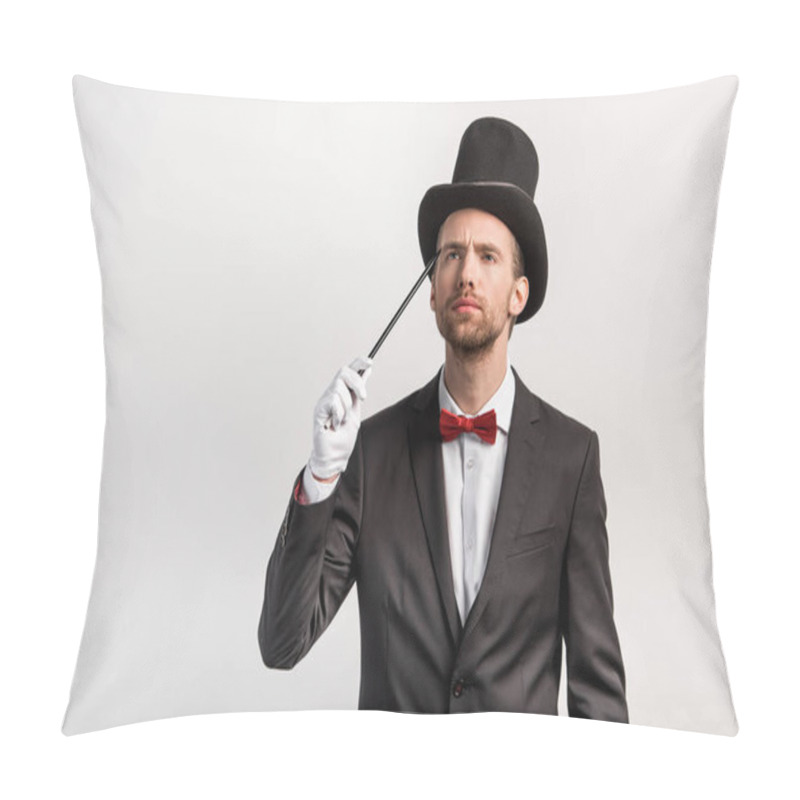 Personality  Pensive Magician In Suit And Hat Holding Wand, Isolated On Grey Pillow Covers