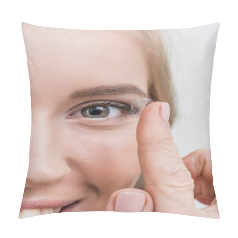 Personality  Close Up Of Young Smiling Woman With Contact Lens Pillow Covers