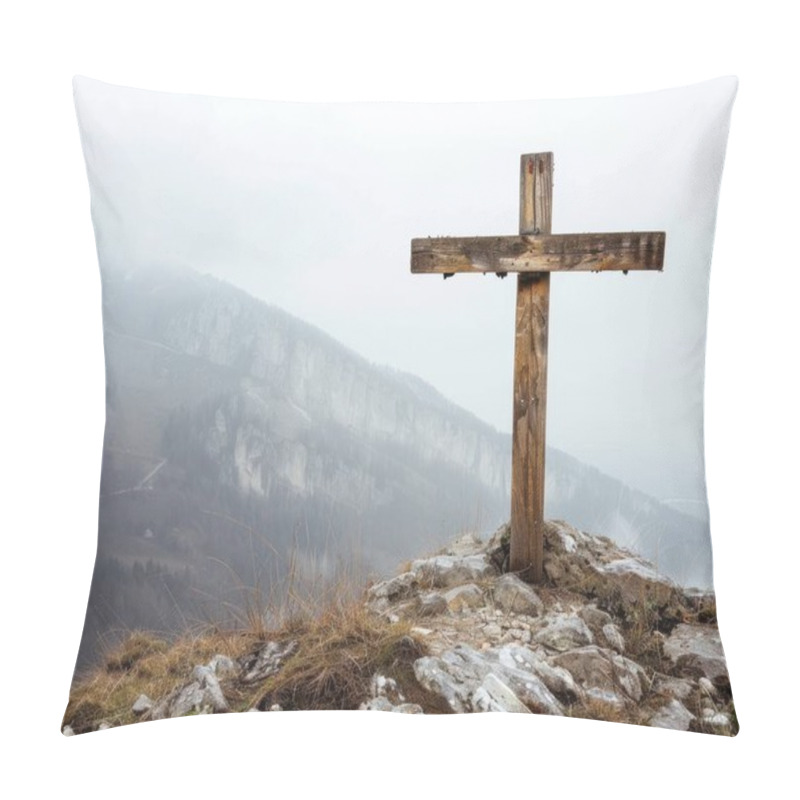 Personality  A Weathered Wooden Cross Stands Tall On A Rocky Ledge, Surrounded By Misty Mountains, Evoking A Sense Of Peace And Solitude. Pillow Covers