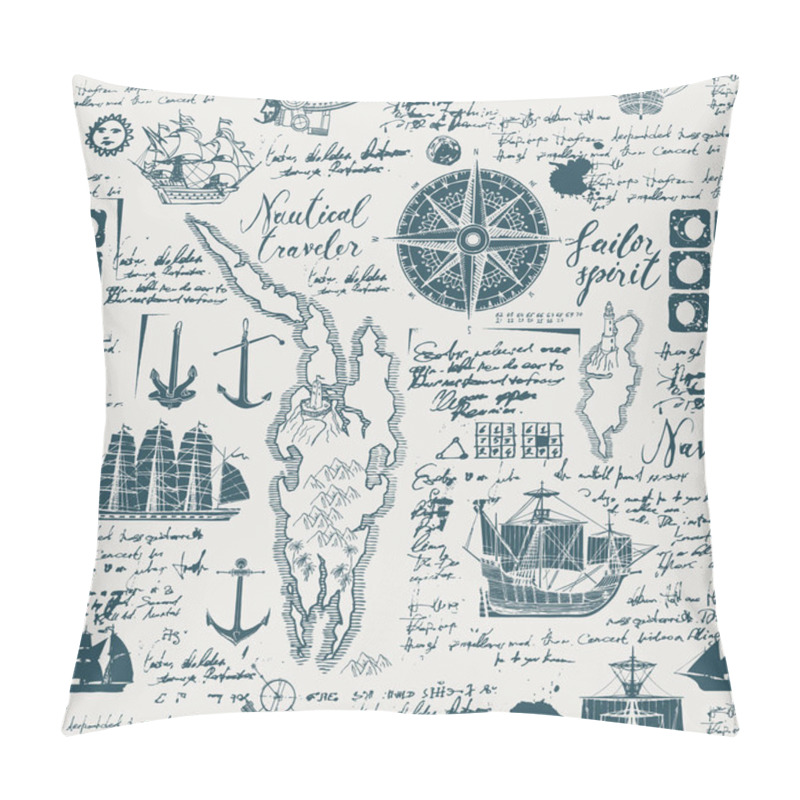 Personality  Vector Abstract Seamless Background On The Theme Of Travel, Adventure And Discovery. Old Manuscript With Caravels, Wind Rose, Anchors And Other Nautical Symbols With Blots And Stains In Vintage Style Pillow Covers