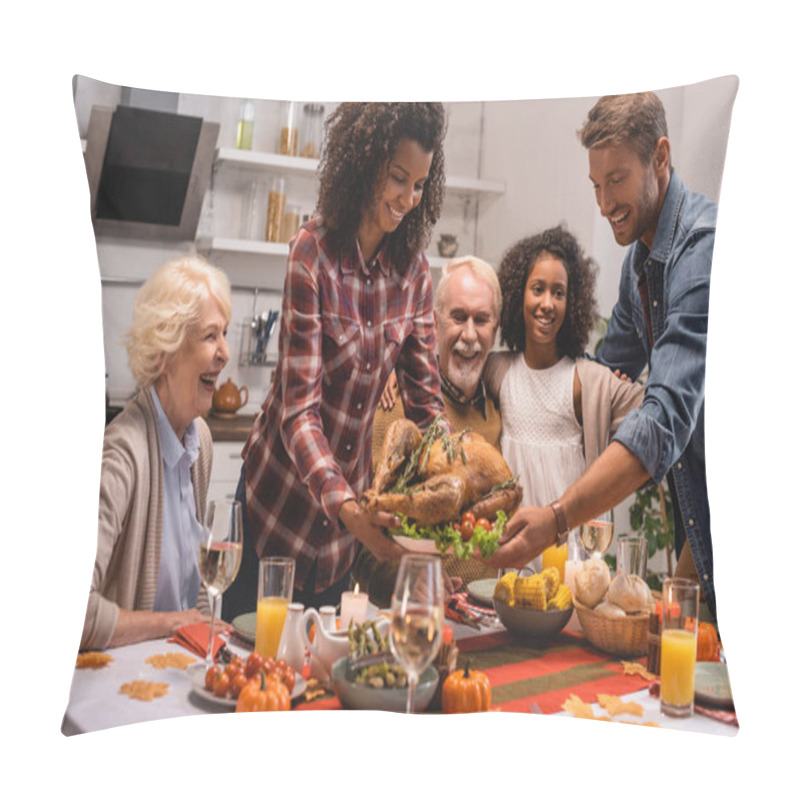 Personality  Selective Focus Of Multiethnic Family Standing Near Turkey And Thanksgiving Dinner At Home  Pillow Covers