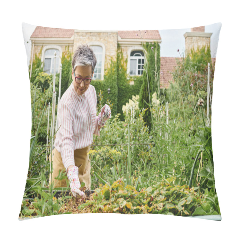 Personality  Good Looking Happy Mature Woman With Glasses Working In Her Vivid Green Garden And Smiling Joyfully Pillow Covers