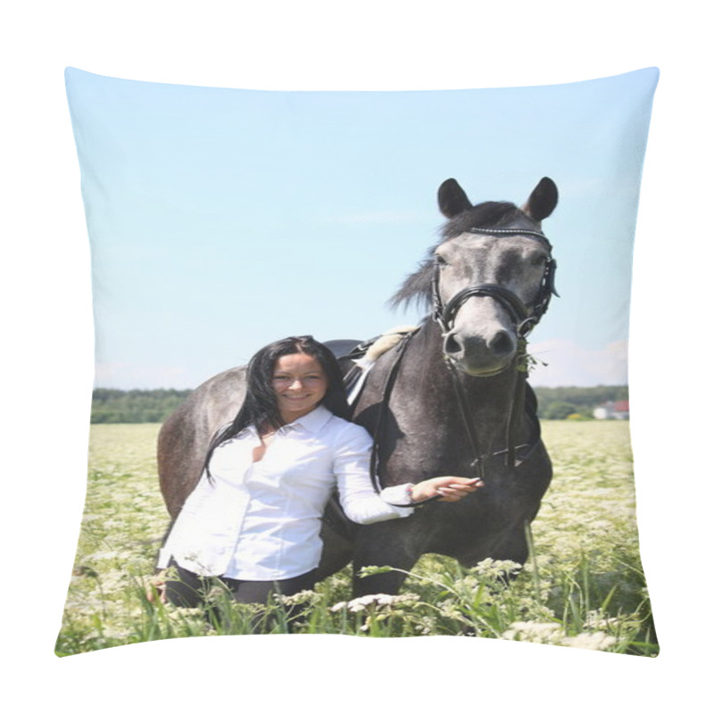 Personality  Beautiful Caucasian Young Woman And Horse Portrait Pillow Covers