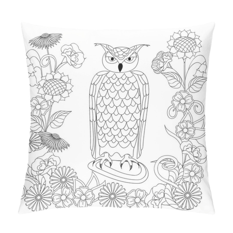 Personality  Coloring Page With Hand Drawn Patterned Owl On The Stone Among Flowers For Children And Adult Antistress Coloring Book, Album, Wall Mural. Black And White Outline Illustration.  Eps 10 Pillow Covers