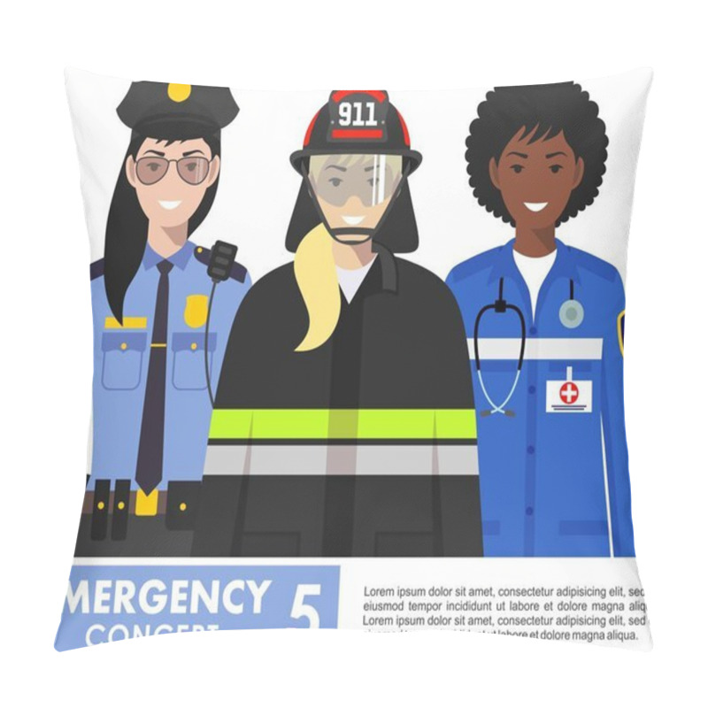 Personality  Emergency Concept. Detailed Illustration Of Female Firefighter, Doctor And Policeman In Flat Style On White Background. Vector Illustration. Pillow Covers