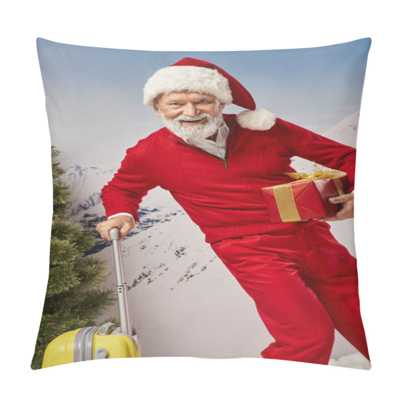 Personality  Cheerful Santa Costume With White Beard Posing With Yellow Suitcase And Present, Christmas Concept Pillow Covers