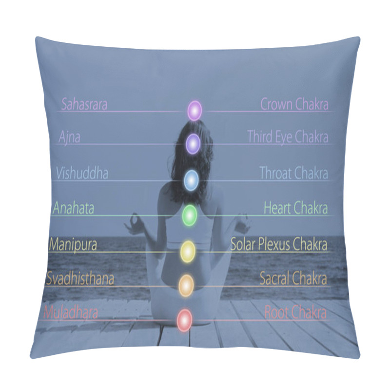 Personality  Woman Meditating In Lotus Position Outdoor. Chakra Lights Over Her Body. Yoga, Zen, Buddhism, Recovery And Wellbeing Concept. Pillow Covers