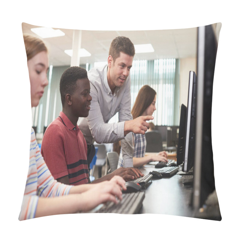 Personality  Teacher Helping Male High School Student Working In Computer Class Pillow Covers