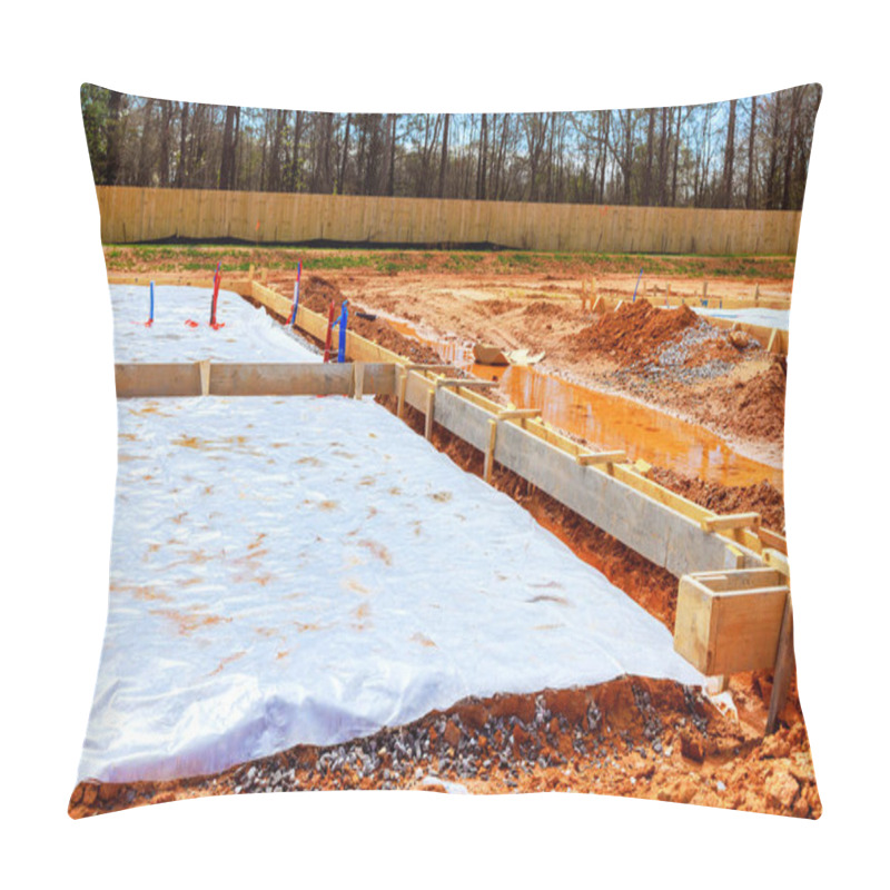 Personality  Groundwork Is Underway At Residential Construction Site, Featuring Wooden Frames Protective Covering Spread Across Foundation. Pillow Covers