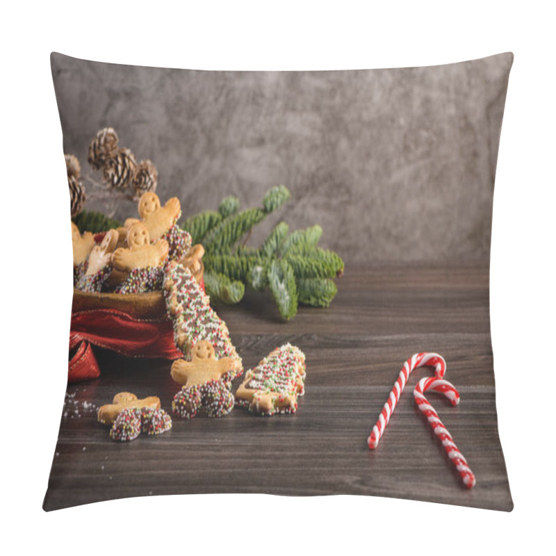 Personality  Christmas Holiday Background With Gingerbread Cookies, Candy Canes And Evergreens Over Wooden Table. Christmas And New Year Food. Christmas Decoration And Sweets On Wood Background. Pillow Covers