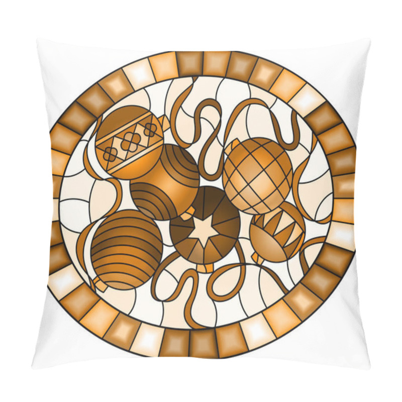 Personality  Illustration In Stained Glass Style With Still Life Of New Year Toys And Serpentine, Oval Image In Frame, Tone Brown Pillow Covers