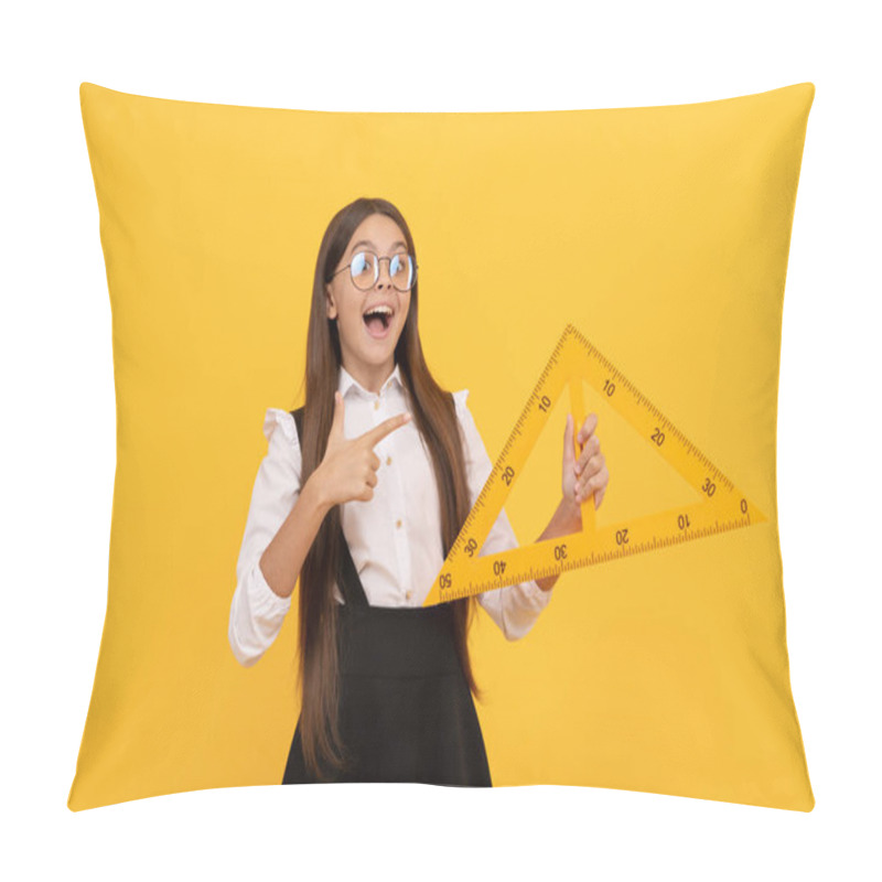 Personality  Amazed Child In School Uniform And Glasses Hold Mathematics Triangle For Measuring, Trigonometry Pillow Covers