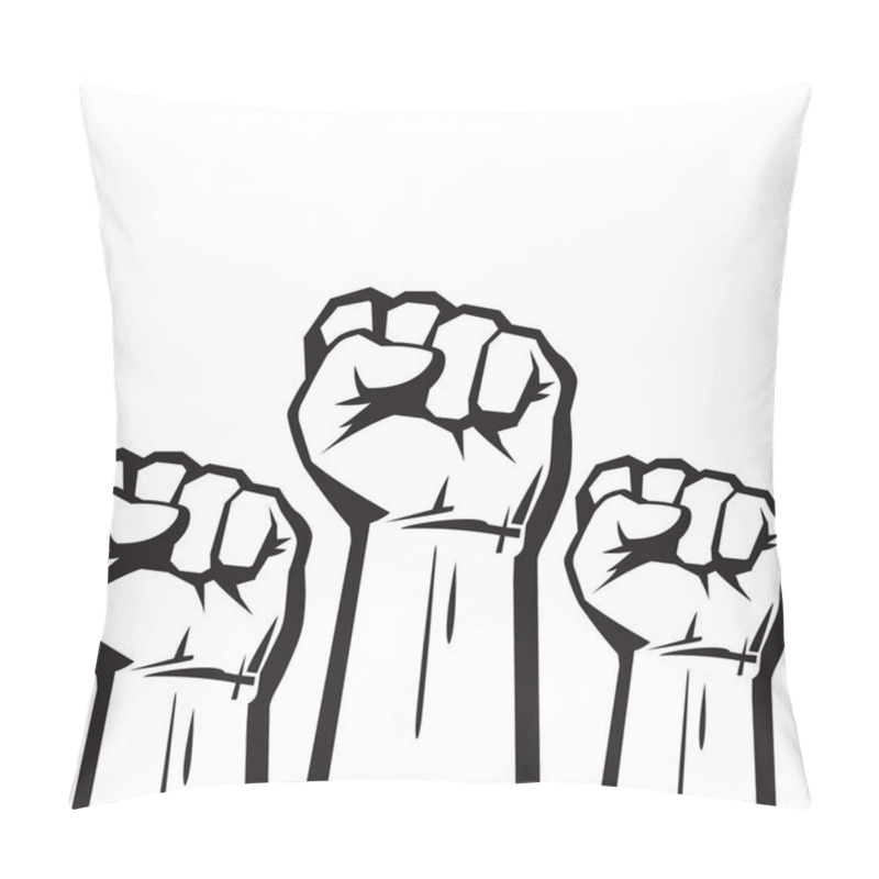 Personality  Clenched Fists Raised In Protest. Three Human Hands Raised In The Air. Vector Illustration. Pillow Covers