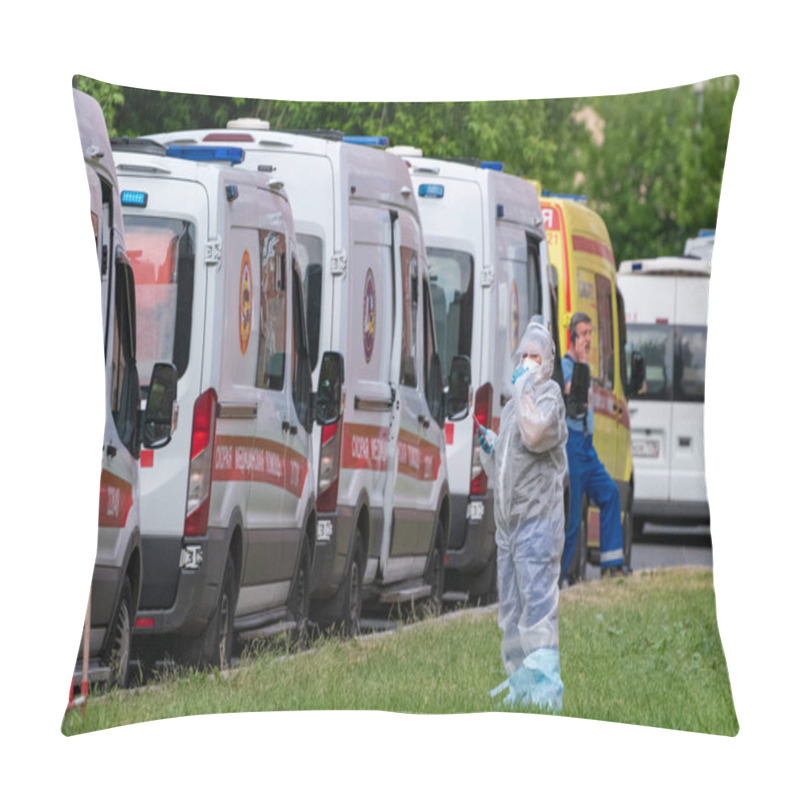 Personality  Saint Petersburg, Russia - June 13, 2021: A Line Of Ambulances Wait For The Turn At The Admission Department Of Pokrovskaya Hospital. There Is An Increase In The Number Of Cases Of Coronavirus In The City. Pillow Covers