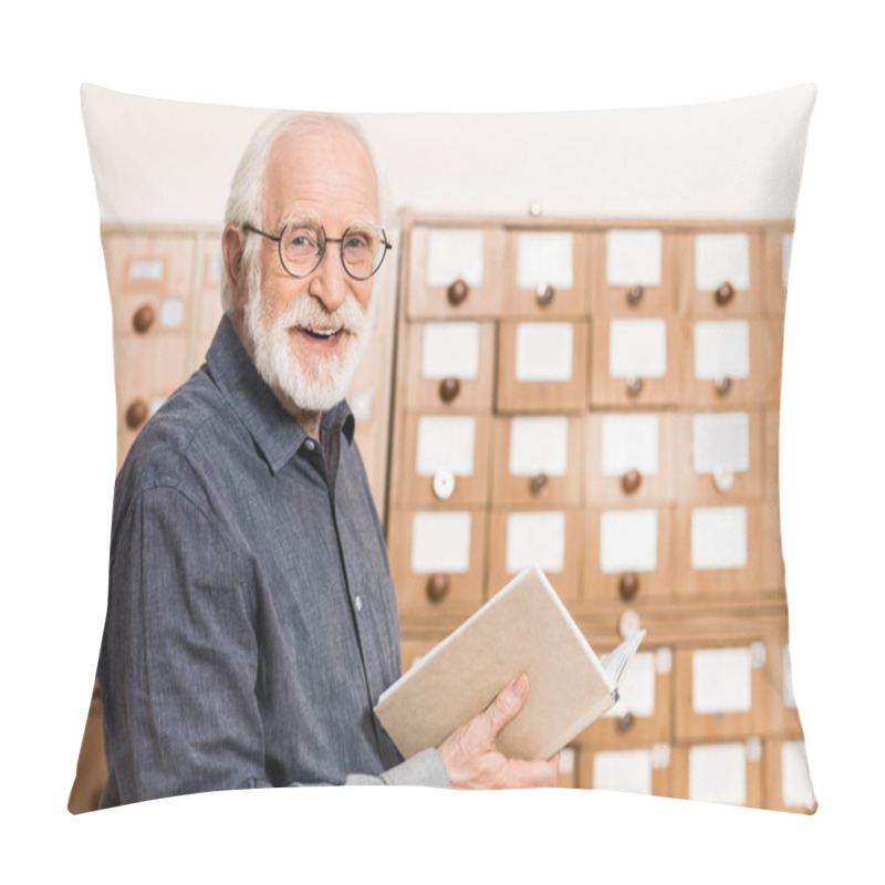 Personality  Smiling Senior Male Archivist Holding Book And Looking At Camera Pillow Covers