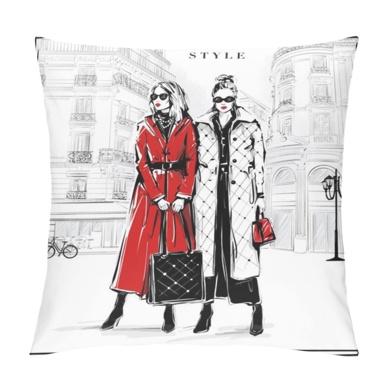 Personality  Hand Drawn Two Beautiful Young Women In Sunglasses. Fashion Women With Paris Street Background. Girls In Fashion Clothes. Sketch. Fashion Illustration. Pillow Covers