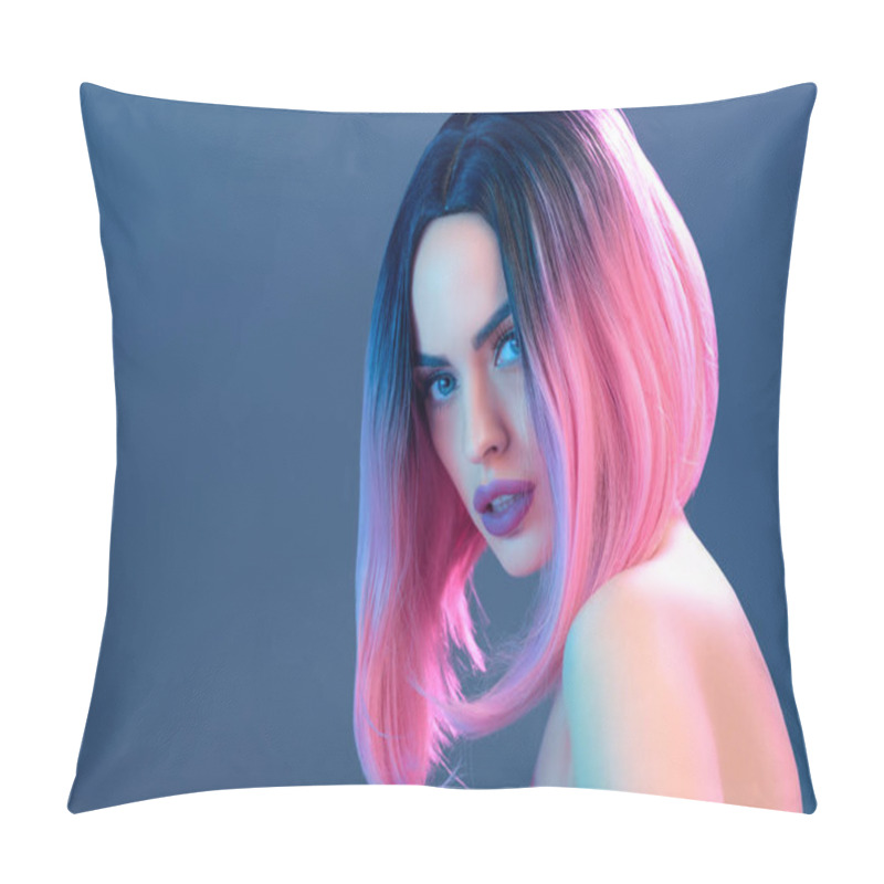 Personality  Beautiful Nude Woman In Pink Wig, Isolated On Blue Pillow Covers