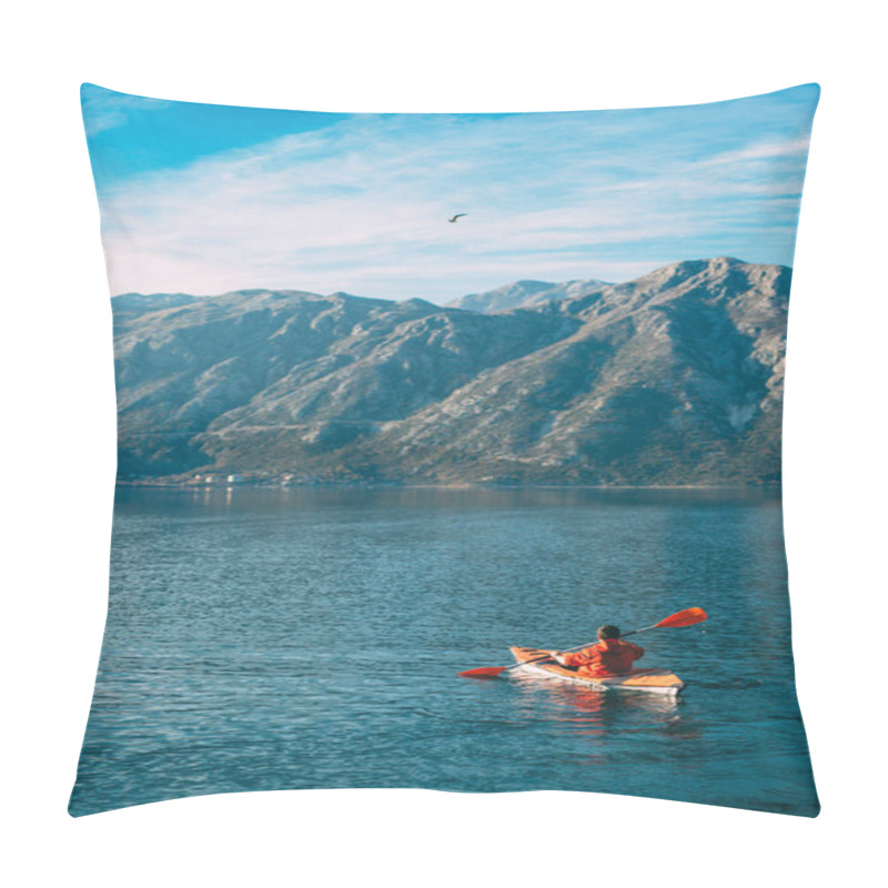 Personality  Kayaks In The Lake. Tourists Kayaking On The Bay Of Kotor, Near Pillow Covers