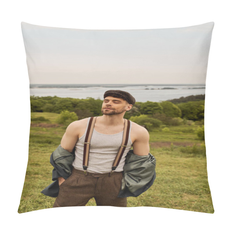 Personality  Fashionable And Bearded Man In Jacket, Suspenders And Newsboy Cap Holding Hands In Pockets And Looking Away While Standing With Blurred Nature At Background, Fashion-forward In Countryside Pillow Covers