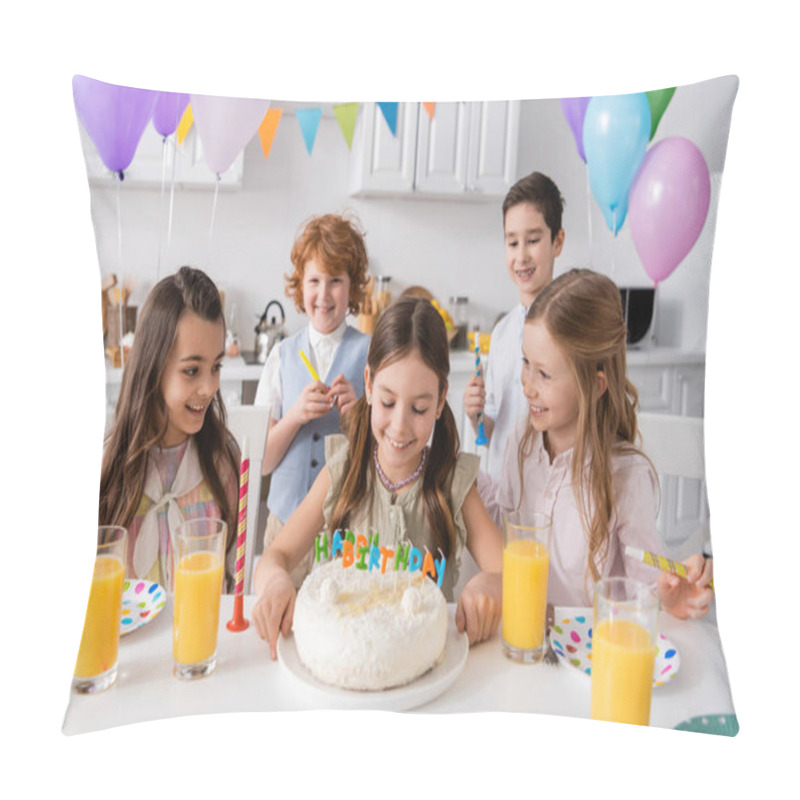 Personality  Happy Girl Looking At Her Birthday Cake With Candles Near Friends During Celebration At Home Pillow Covers