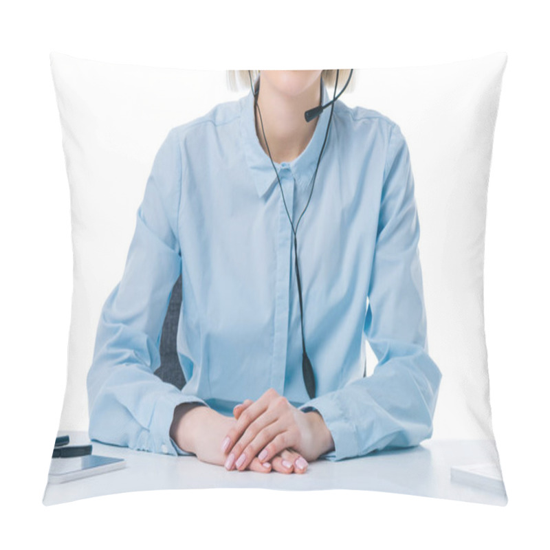 Personality  Partial View Of Call Center Operator In Headset At Workplace Isolated On White Pillow Covers