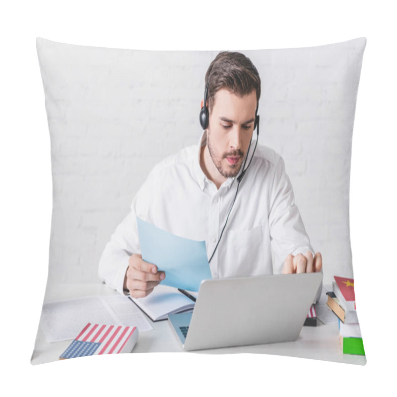 Personality  Young Translator In Headset Holding Document While Working On Laptop Near Dictionaries And American Flag  Pillow Covers