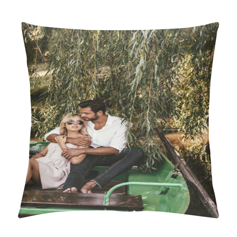 Personality  Handsome Man Hugging Attractive Boyfriend While Sitting In Boat On Lake Pillow Covers